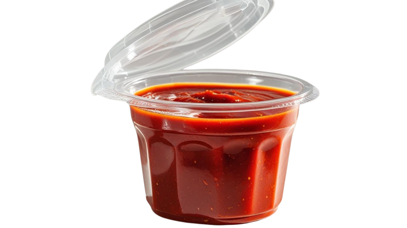 Hinged sauce cups with lids. Ideal for restaurants & takeaways serving dips & sauces